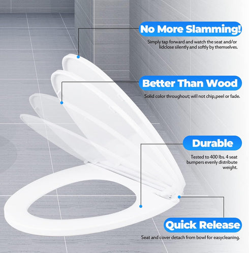 (Y6) YNR Toilet Seat with Slow Close Hinges, Standard Elongated Toilet Seat with Non-slip Seat Bumpers, Easy to Install