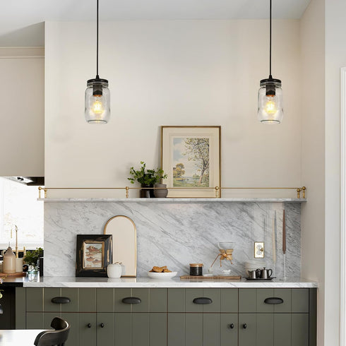 1-Light Glass Pendant Lights Kitchen Island, Black Pendant Light Fixtures with Mason Jar Clear Glass Shade, Farmhouse
