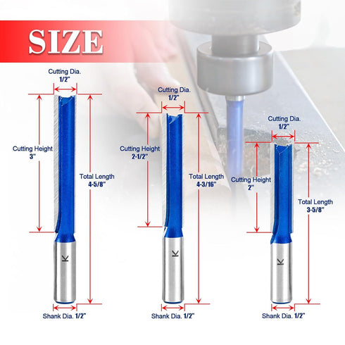 3Pcs Set 1/2 2",2-1/2",3" Length,1/2" Extra Long Straight Router Bit Shank, Carbide Tipped Double Flute Straight Bit