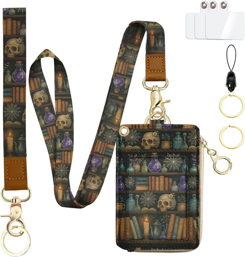bolimoss Bookshelf Lanyard Wallet for Women Teacher, Goth Skull Leathe RFID Small