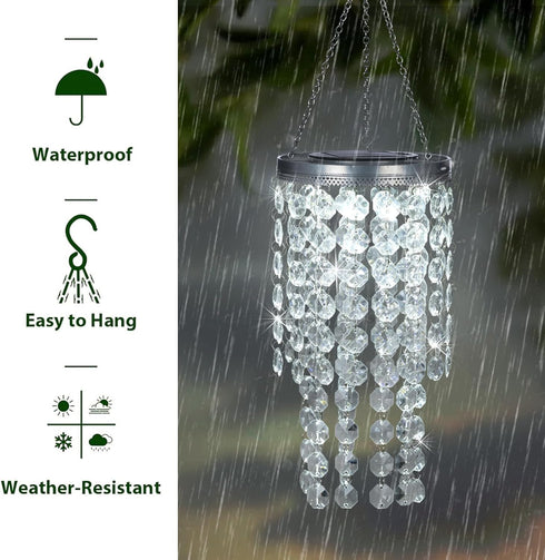 LEWIS&WAYNE 21 Hanging Solar Crystal Chandelier Outdoor, Modern Solar Transparent Acrylic Beaded Lantern with Cool