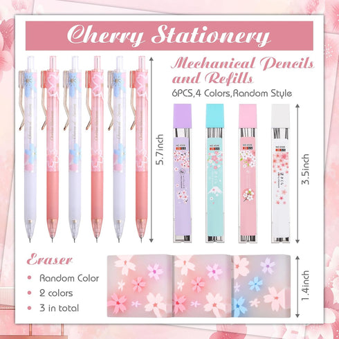 Crtiin 74 Pcs Kawaii Cherry Blossom Stationery Set Japanese Kawaii Pencil Bag Mechanical Pencil Cherry Erasers Pencil Refill and Stickers for School Office Party Favors (Pink) by Crtiin
