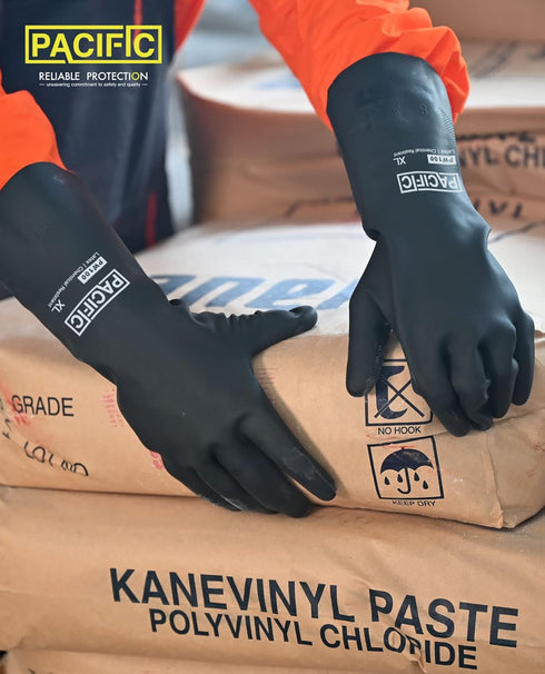 PACIFIC PPE Heavy Duty Chemical Resistant Gloves, Industrial Rubber Gloves, Large, 12.6", Resist Acid, Alkali, and Oil