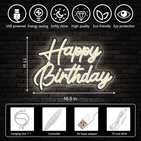 Fespcj 5v,16.5"*11" Happy Birthday Neon Sign Reusable Warm White LED Neon Night Light Birthday Party Decorations USB