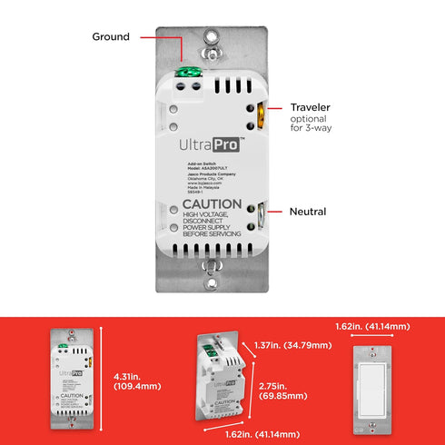 UltraPro Add-On Switch, QuickFit and SimpleWire, Z-Wave ZigBee Wireless Smart Lighting Controls, 59349