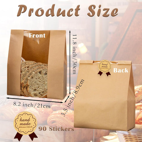 90 Pack 13.7 8.2 3.5 Inch Bakery Bags with Window, Kraft Paper Sourdough Bread Bags with Stickers Treat Bags x x Cookie