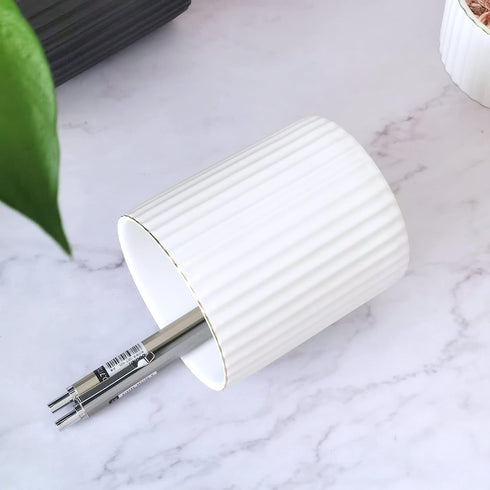 Pen Holder for Desk, Ceramic Pencil Cup, Makeup Brush Organizer, White