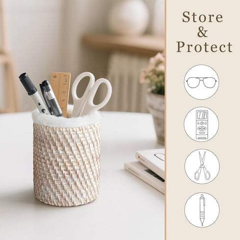 Mkono Glasses Holder for Nightstand Rattan Protective Glasses Stand for Glass Eyeglass Organizer Holder for Desk, Table