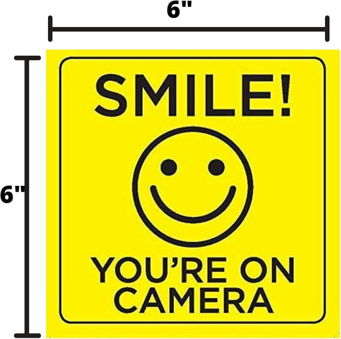 Smile You're on Camera Sticker, 6x6 Inch, 4 Pack, Durable Black and Yellow, Self-Adhesive