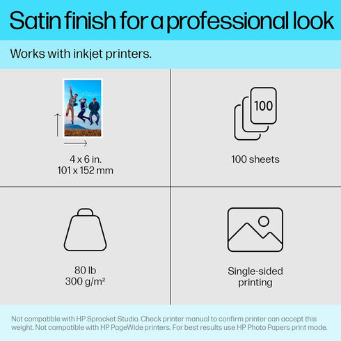 4x6 100 (CR666A) HP Premium Plus Photo Paper, Satin, in, sheets