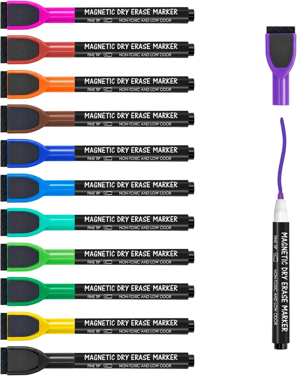 maxtek Magnetic Whiteboard Markers - 12 Count Colorful Fine Tip Dry Erase Markers with Eraser for Kids, Low Odor