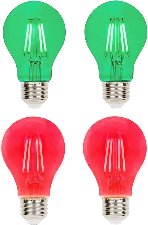 4 Pack Filament LED Red and Green Light Bulbs, A19 E26 8W, 60 Watt Equivalent, Vintage Decorative Lighting for Parties