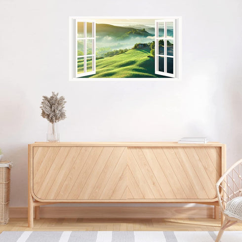 Mountain View Wall Stickers, 3D Fake Window Nature Scenery Decals for Bedroom Living Room, Removable Wall Murals