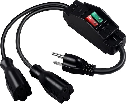 2 Way Extension Cord with On/Off Switch, Heavy Duty 3 Prong Outdoor Splitter, 1.6 Ft, Black