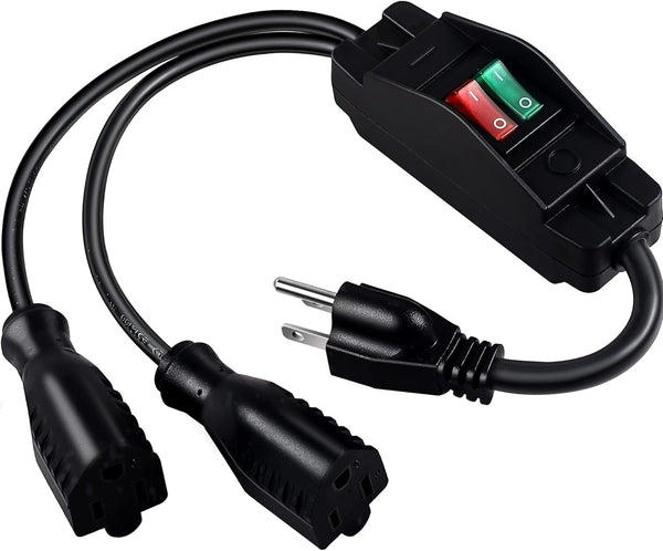 2 Way Extension Cord with On/Off Switch, Heavy Duty 3 Prong Outdoor Splitter, 1.6 Ft, Black
