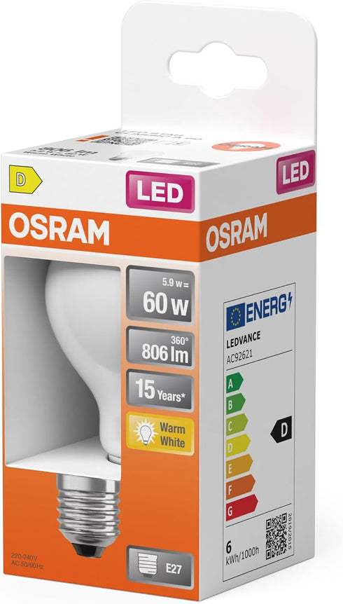 A60 2700K 5.9W E27 806LM 15000H Osram LED Star Filament Warm White Frosted for Ceiling Lights and Floor Lamps Non-Glare