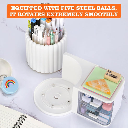 LETURE Rotating Office Desk Organizers with 2 Drawers, Pencil Pen Marker Holder for Home, Art Supplies (White)