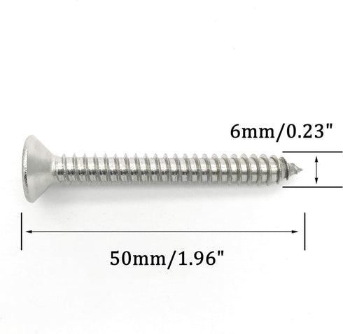 6 x 50mm Screw, Flat Head Phillips Slot, 304 Stainless Steel Self Tapping Wood Drywall Screws, 25 Pcs