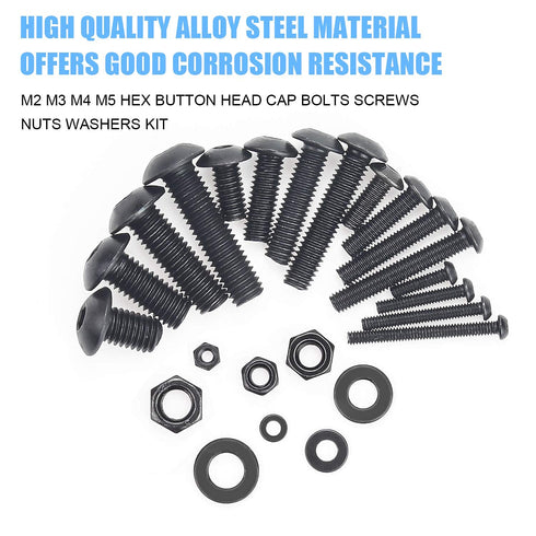 1220 Pieces M2 M3 M4 M5, 10.9 Grade Alloy Steel Hex Button Head Cap Bolts Screws Nuts Washers Assortment