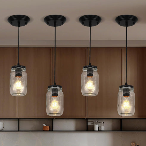 1-Light Glass Pendant Lights Kitchen Island, Black Pendant Light Fixtures with Mason Jar Clear Glass Shade, Farmhouse