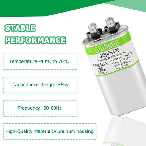 10 uF 370 or 440 Volt CBB65 Capacitor for AC Motor Run, Heat Pump, Air Conditioner, HVAC, Replacement 10 MFD