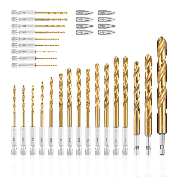 amoolo Impact Drill Bit Set, 33pcs Titanium HSS Twist Hex Shank for Metal, Wood, and Plastic Drilling