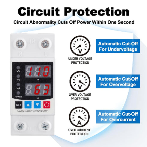 Smart Circuit Breaker with Energy Monitoring - Adjustable 1-63 Amp AC110V DC85-300V Over/Under Voltage & Overcurrent Protection Intelligent Relay Reset Protector Din Rail Mount