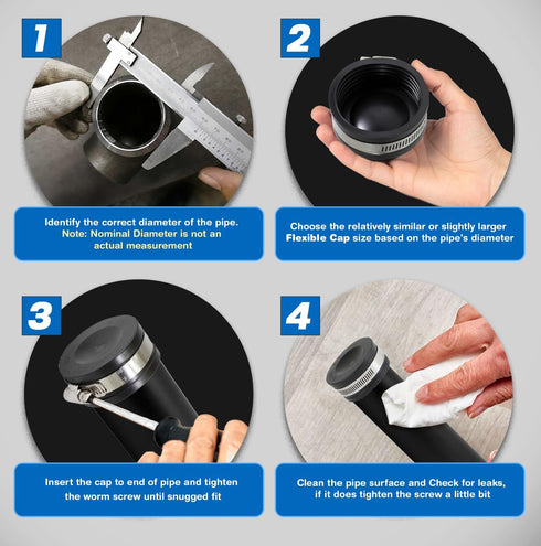 Supply Giant Flexible PVC Pipe Cap - 1-1/2 Inch Black with Stainless Steel Clamps, Pack of 4