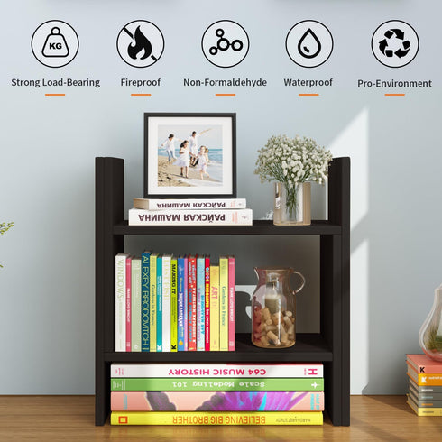 YSJILIDE Wood Adjustable Small Desktop Bookshelf, Expandable Storage Organizer, Office Supplies Desk Rack (Black)