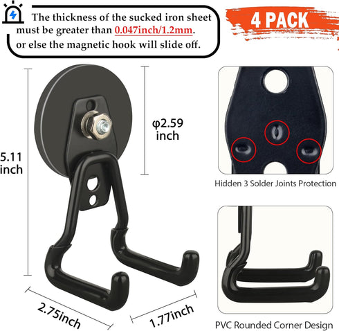 4 Pack ULIBERMAGNET Upgraded Large Magnetic Hooks,Strong Heavy Duty Magnet Hooks for Power Drill,Broom,Garden