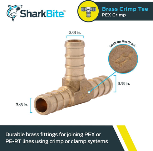 SharkBite 3/8 Inch Crimp Tee, Brass Plumbing Fitting, PEX Pipe, PE-RT, UC360LFA by SharkBite