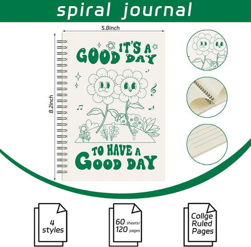 Teling 4 Pack Cute Spiral Notebooks Retro Aesthetic, 8.3 x 5.8 Inspirational Journal with Lined Paper for Women Back to