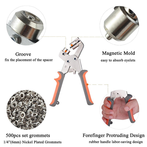 Grommet Tool Kit, 1/4 Inch Eyelet Press Pliers with 500pcs Silver Grommets