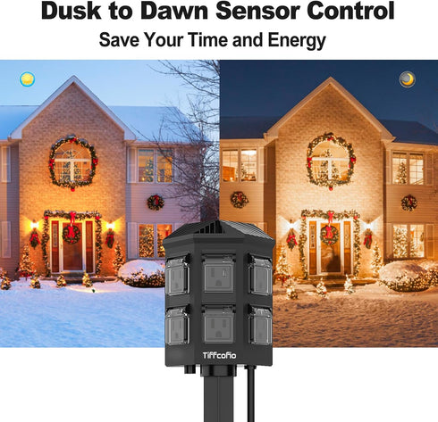 Tiffcofio 100FT 6FT 6 Outdoor Power Stake Timer, Remote Control, Dusk to Dawn Christmas Light Timer, Extension Cord