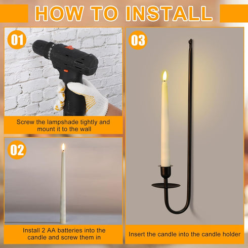 9.6" 16.5" Set Stairway(Black,2 Set) Tessco for you Metal Wall Mount Candle Sconces with LED Flameless Taper Candles