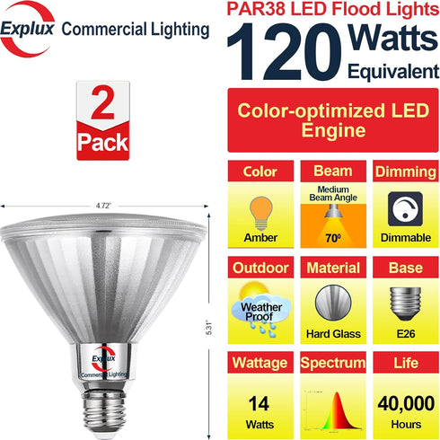 Explux Outdoor-tough Full Glass LED PAR38 Flood Amber Light Bulbs, 120W Equivalent, Weatherproof & Anti-Ageing, Dimmable, Amber Color Spotlight, 2-Pack by Explux Commercial Lighting