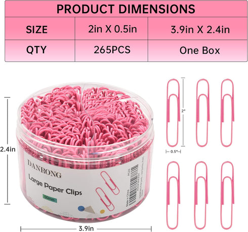 Pink Jumbo Paper Clips, 265pcs 2 Inch Paperclips,Large Pape Clips for Paperwork Ideal for Home, School and Office Use (2 in, Pink) by DANRONG