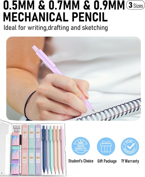 Nicpro 6PCS Pastel Mechanical Pencil Set, 0.5 & 0.7 & 0.9mm with 6 Tubes HB Lead Refill, 3 Erasers, 9 Refills, Cute Case