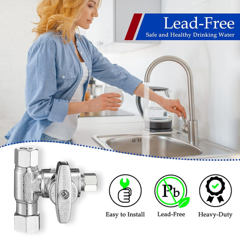 Tee Stop Valve Add-A-Tee Valve, 3/8" Compression Faucet T Adapter Connector Splitter for Dishwasher Supply Line