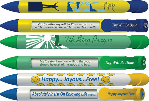 Recovery Pens, 3rd Step/7th Step/Happy Joyous Free Pen Trio, Rotating Message 6 Pen Set