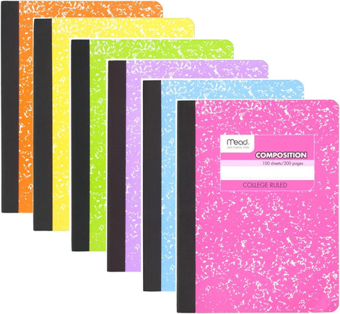 Mead Composition Book, 6 Pack of Cute Notebooks, College Ruled, Hard Cover, 100 sheets (200 Pages), Pastel Color
