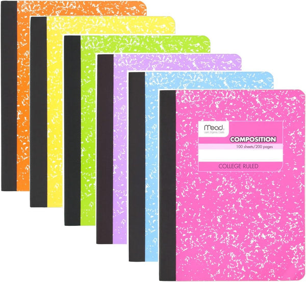 Mead Composition Book, 6 Pack of Cute Notebooks, College Ruled, Hard Cover, 100 sheets (200 Pages), Pastel Color