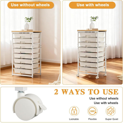 Wufuuoa 8 8-Tier Rolling Storage Cart with Drawers,Utility Cart on Wheels with Wooden Tabletop Craft Storage Trolley