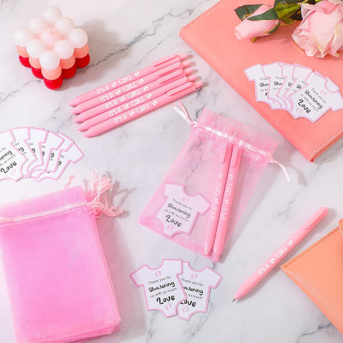 TaoBary 50 Sets Cute Pink Retractable Ballpoint Pens, Baby Shower Cards & Organza Bags, Gifts for Guests