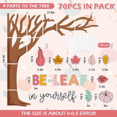 JarThenaAMCS 71Pcs Fall Tree Bulletin Board Decorations, Motivational Boho Cutouts for Classroom