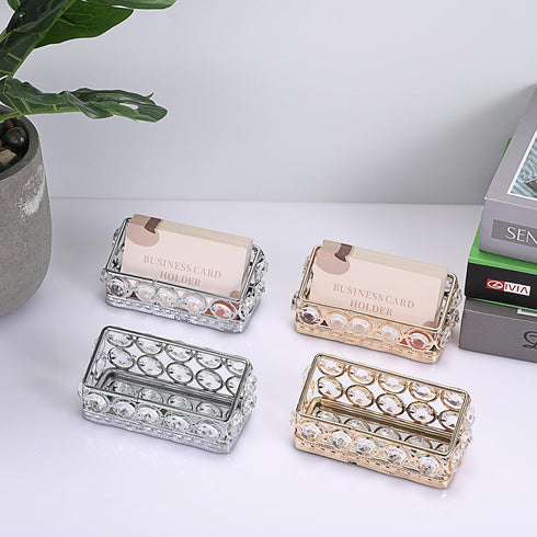Hipiwe 2 Packs Crystal Business Card Holder, Gold Metal Display Holder for Desk, Bling Office Desktop Organizer with