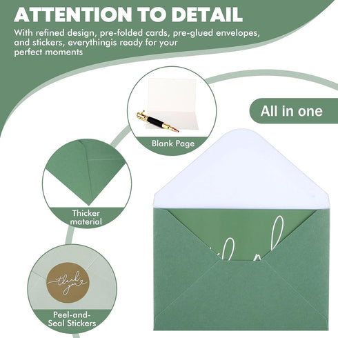 Supervitae 100 Pack 3.5 5 Inch Green Thank You Cards Bulk with Envelopes and Stickers x Thank You Cards for Baby Shower