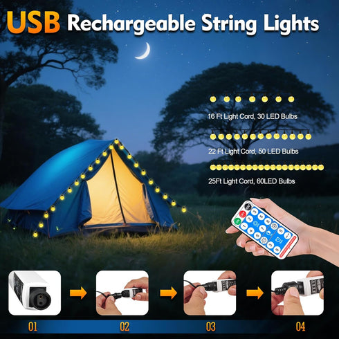 25FT 60 8 SMY Lighting Rechargeable Battery Operated LED Crystal Globe String Lights Outdoor/Indoor, Patio Hanging