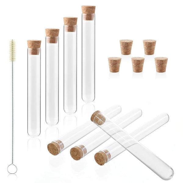 10ml Glass Test Tubes with Cork Stoppers and Brush, Round Bottom, Pack of 50 for Plants, Bath Salts, Experiments