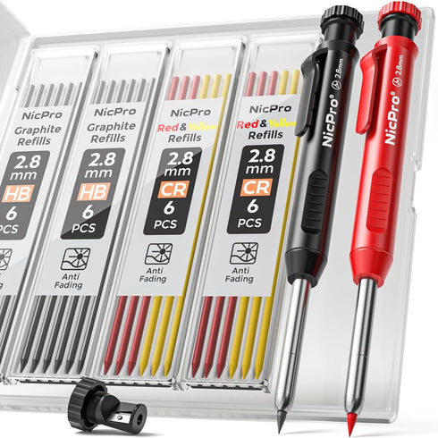 Nicpro Carpenter Pencil with Sharpener, Mechanical Pencils Set with 26 Refills, Deep Hole Marker for Heavy Duty